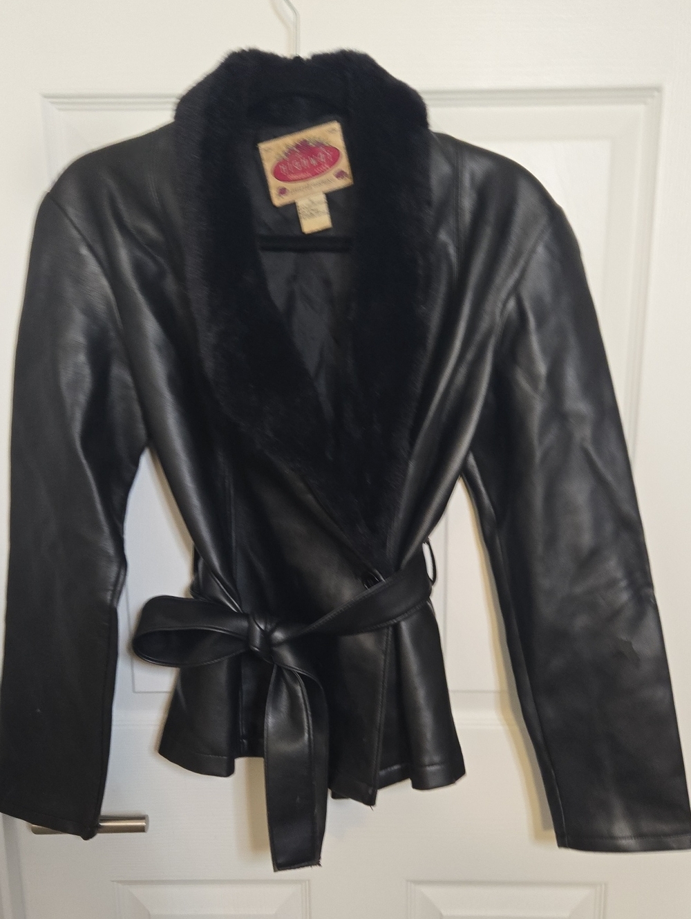 Women’s Black Leather Wrap Jacket with Faux Fur Collar